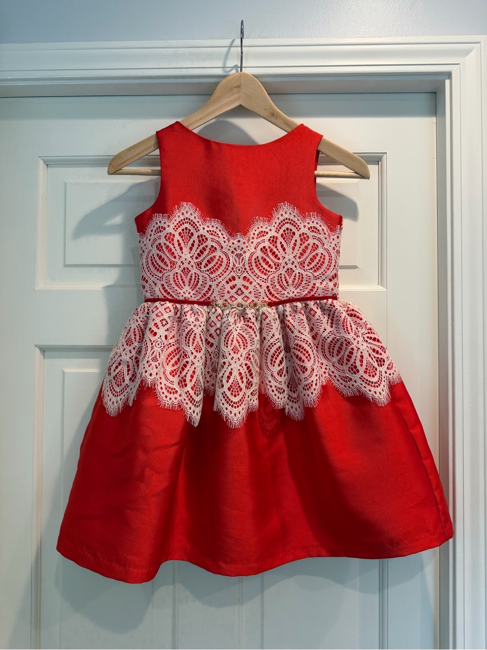 Badgley Mischka Red Dress with White Lace Overlay